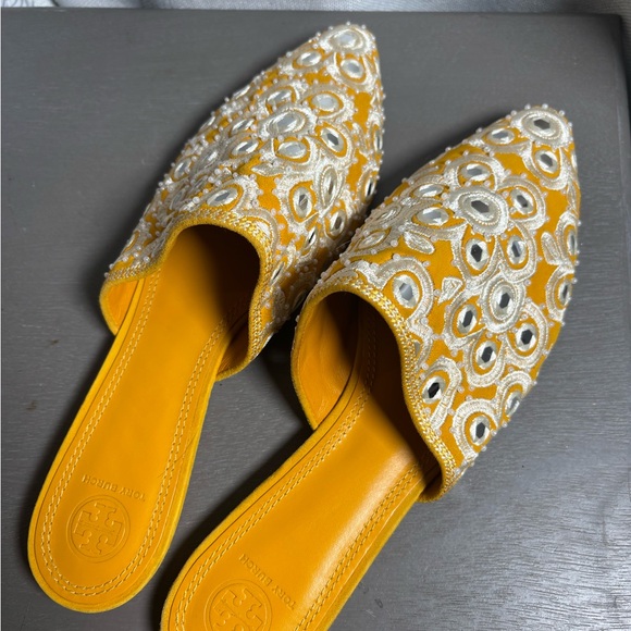 Tory Burch Embroidered Yellow Slip-On Mules Size 10.5 - Picture 2 of 6